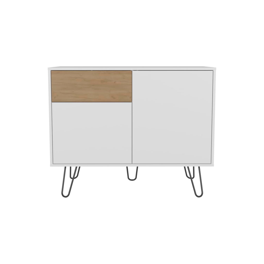 39" Wide White & Oak Console Table with 2 Cabinets, 1 Drawer, 4 Shelves Q705