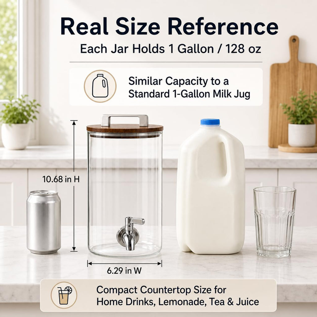 2 Pack 1 Gallon Glass Drink Dispensers with Acacia Wood Stand G86818
