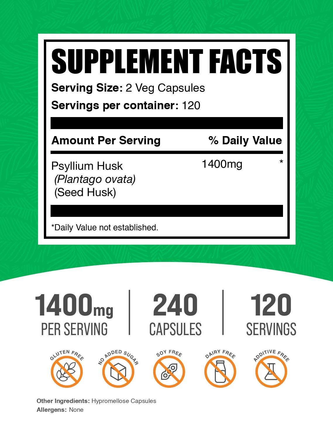Psyllium Husk Fiber Capsules Vegan Gluten Free 240 Veg Capsules E891861