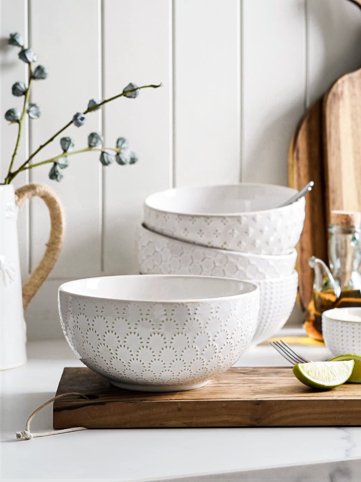 Ceramic Soup Bowl Set, 42 OZ, 7 Inch, Set of 4, Arctic White P8588