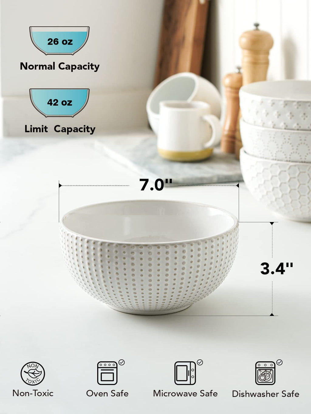 Ceramic Soup Bowl Set, 42 OZ, 7 Inch, Set of 4, Arctic White P8588