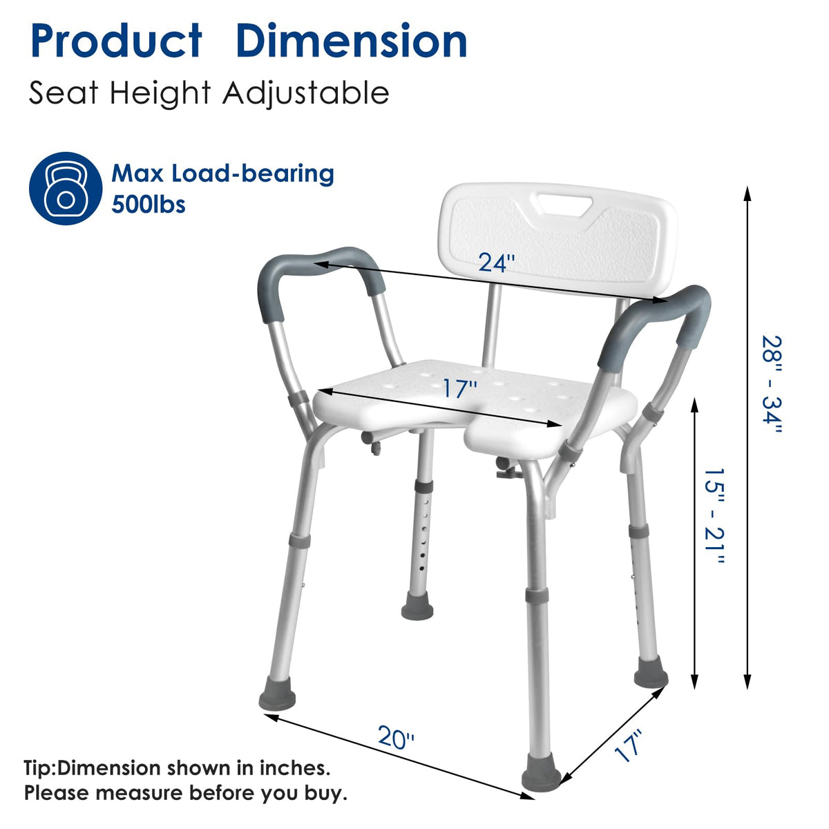 Extra Wide Padded Armrests Shower Chair, 500lbs Capacity, Aluminum I2245