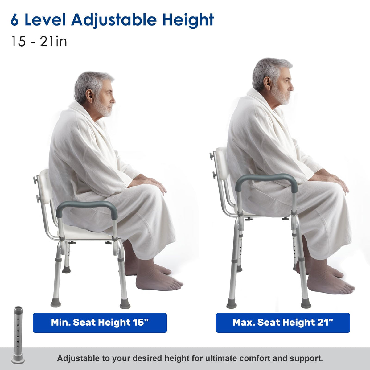 Extra Wide Padded Armrests Shower Chair, 500lbs Capacity, Aluminum I2245