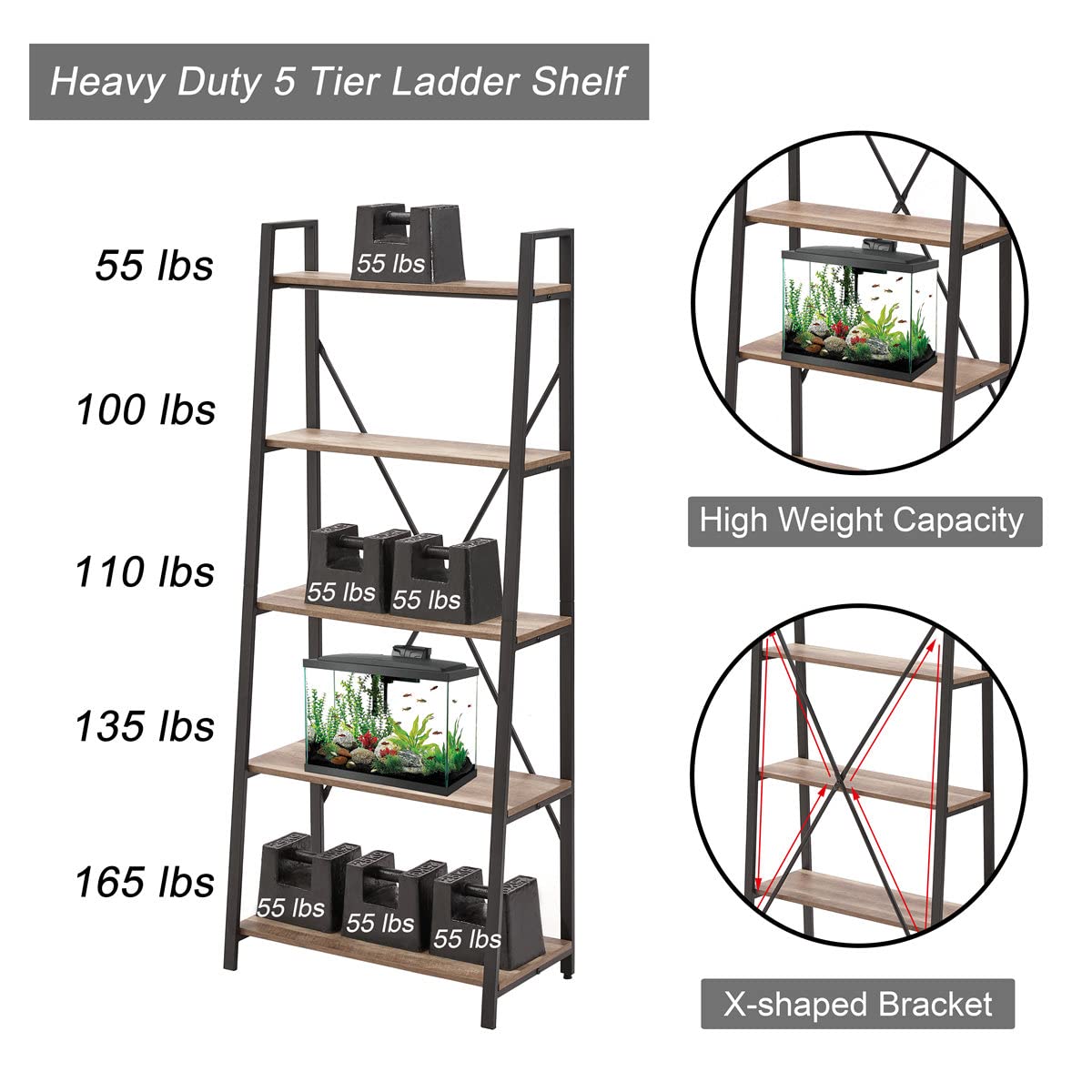 5 Tier Wood and Metal Ladder Bookshelf X378