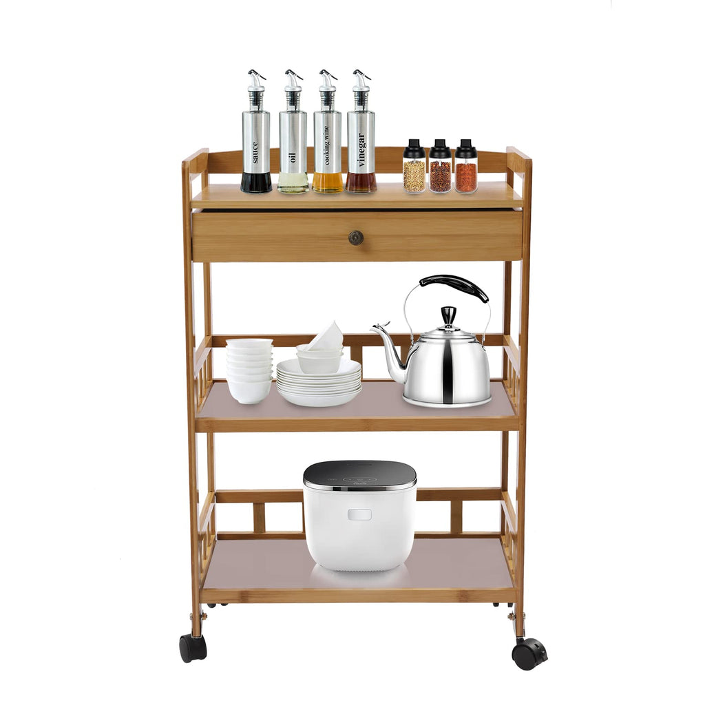 3-Tier Bamboo Rolling Kitchen Cart with Drawer N2329