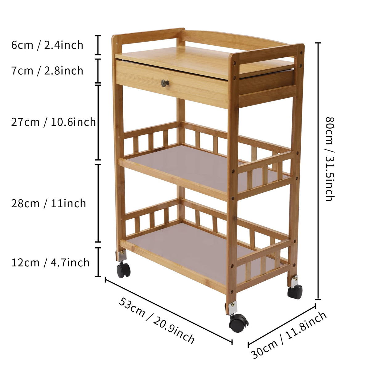 3-Tier Bamboo Rolling Kitchen Cart with Drawer N2329