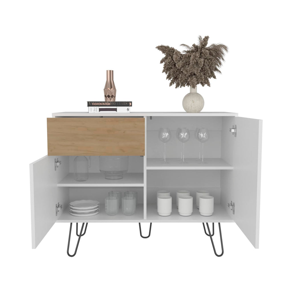 39" Wide White & Oak Console Table with 2 Cabinets, 1 Drawer, 4 Shelves Q705