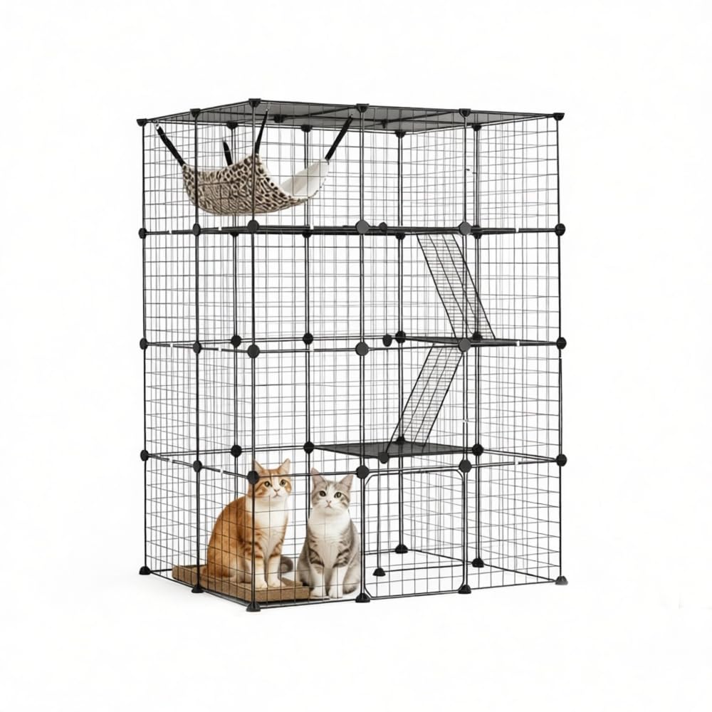 4-Tier Metal Wire Cat Cage with Hammock, Platforms & Ramps, Black U7257