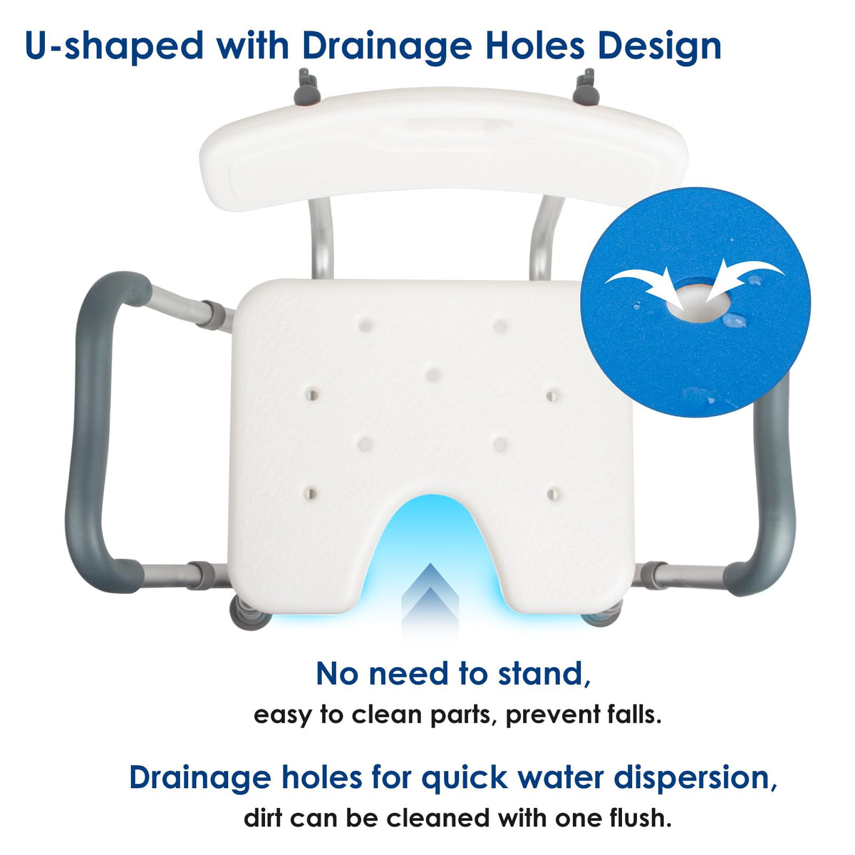Extra Wide Padded Armrests Shower Chair, 500lbs Capacity, Aluminum I2245