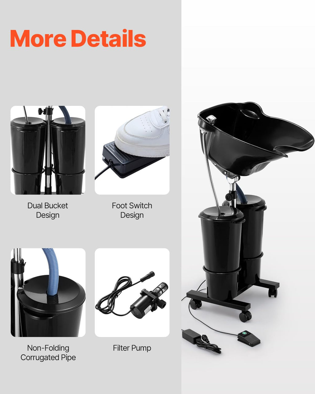 Portable Shampoo Bowl with Electric Pump, 2 Buckets, Black A679469