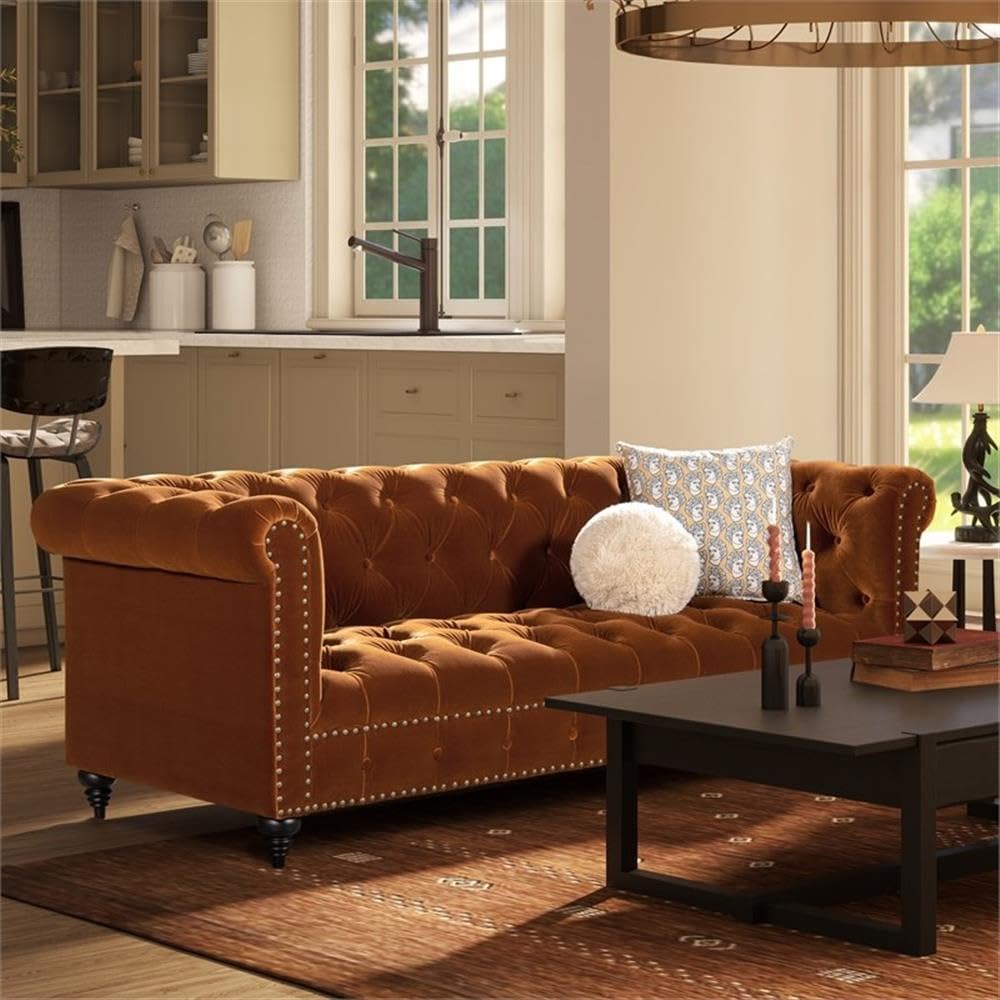 Burnt Orange Velvet Tufted Chesterfield Sofa J208