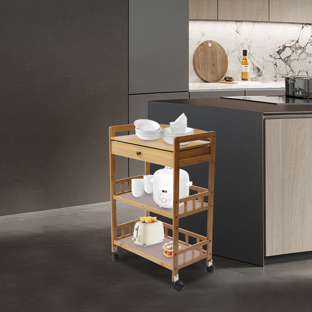 3-Tier Bamboo Rolling Kitchen Cart with Drawer N2329