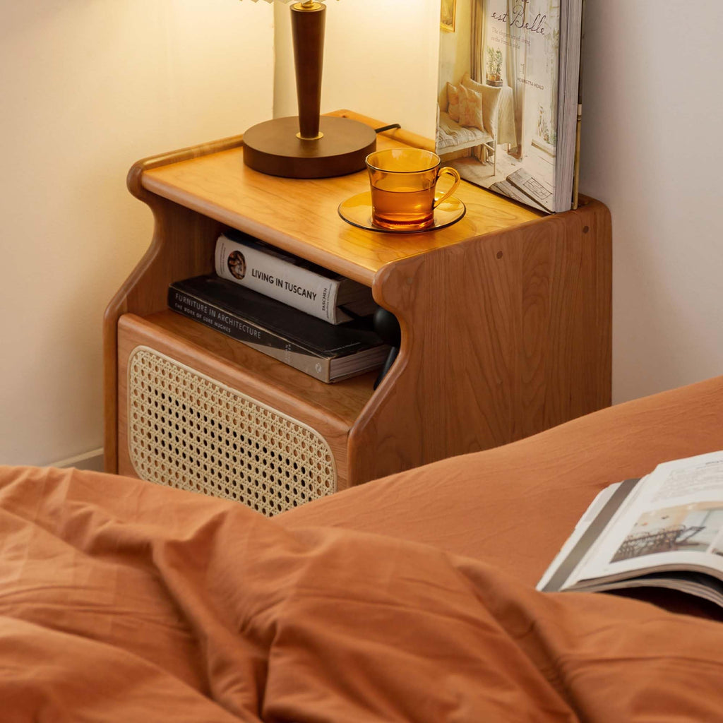 Cherry Wood Rattan Nightstand with Drawer N497677