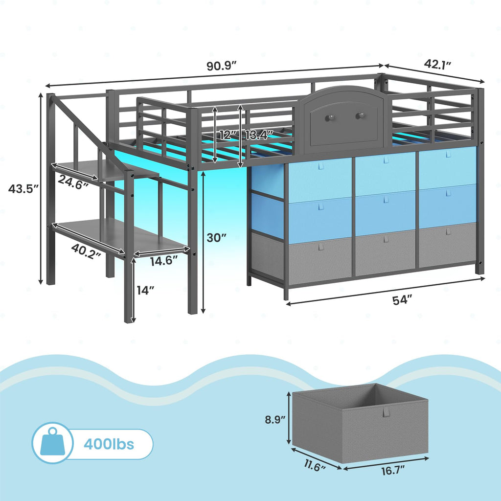 Twin Size Low Loft Bed with 9 Storage Drawers and LED Lights E858009