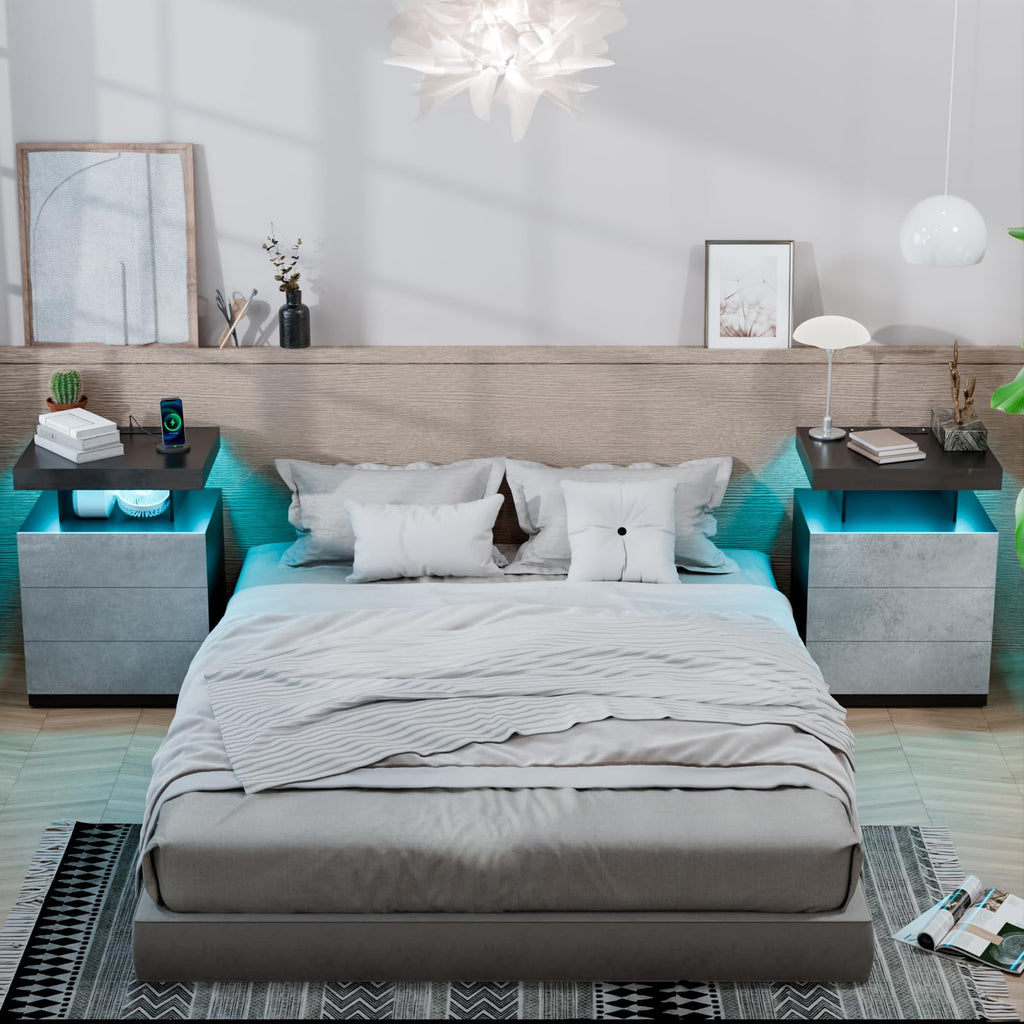 LED Nightstand with Wireless Charging Station & USB Ports, 3 Drawer High Gloss Gray F725