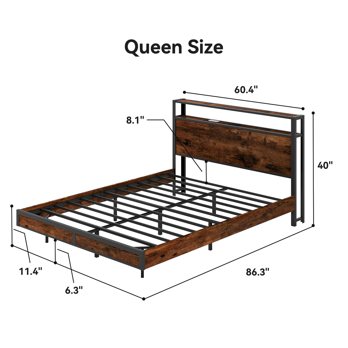 Queen Size Metal Bed Frame with Storage Headboard and Charging Station X15907
