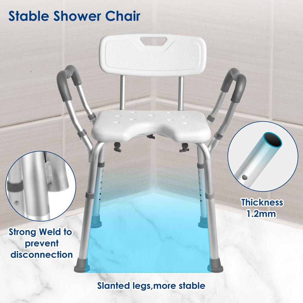 Extra Wide Padded Armrests Shower Chair, 500lbs Capacity, Aluminum I2245