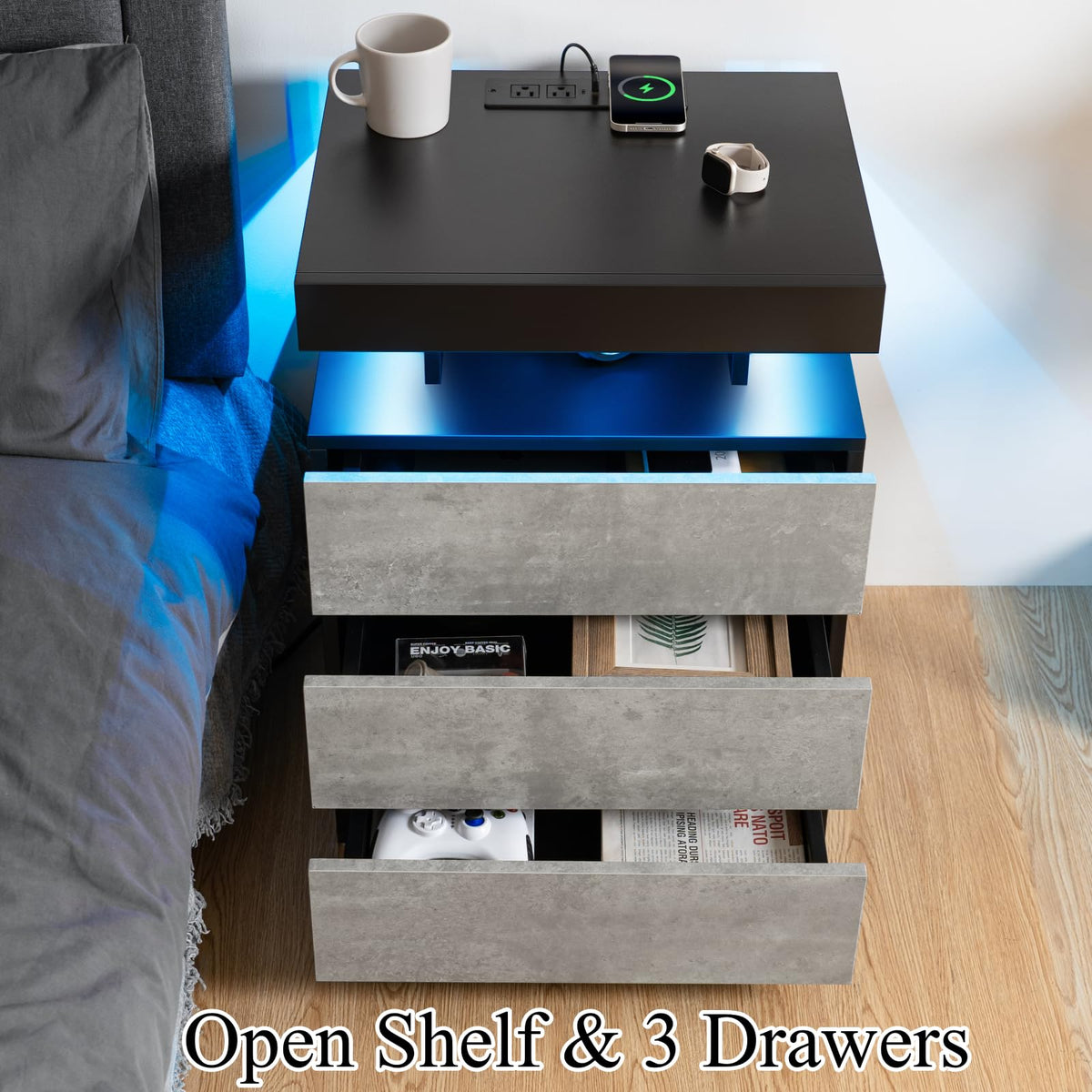 LED Nightstand with Wireless Charging Station & USB Ports, 3 Drawer High Gloss Gray F725