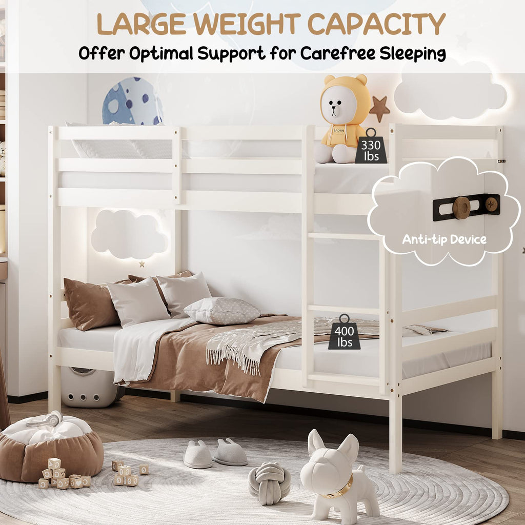 Wood Twin Over Twin Bunk Bed with Ladder & Safety Guardrail E614