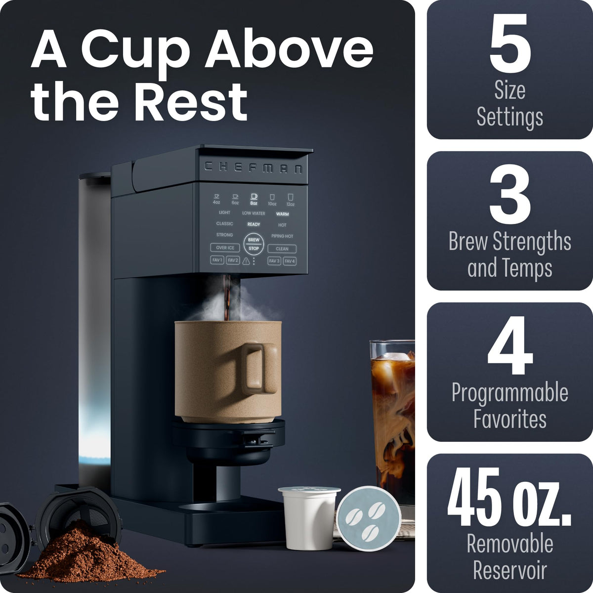 Single Serve Coffee Maker with Brew Strength Settings, 45 oz Removable Water Reservoir K85838