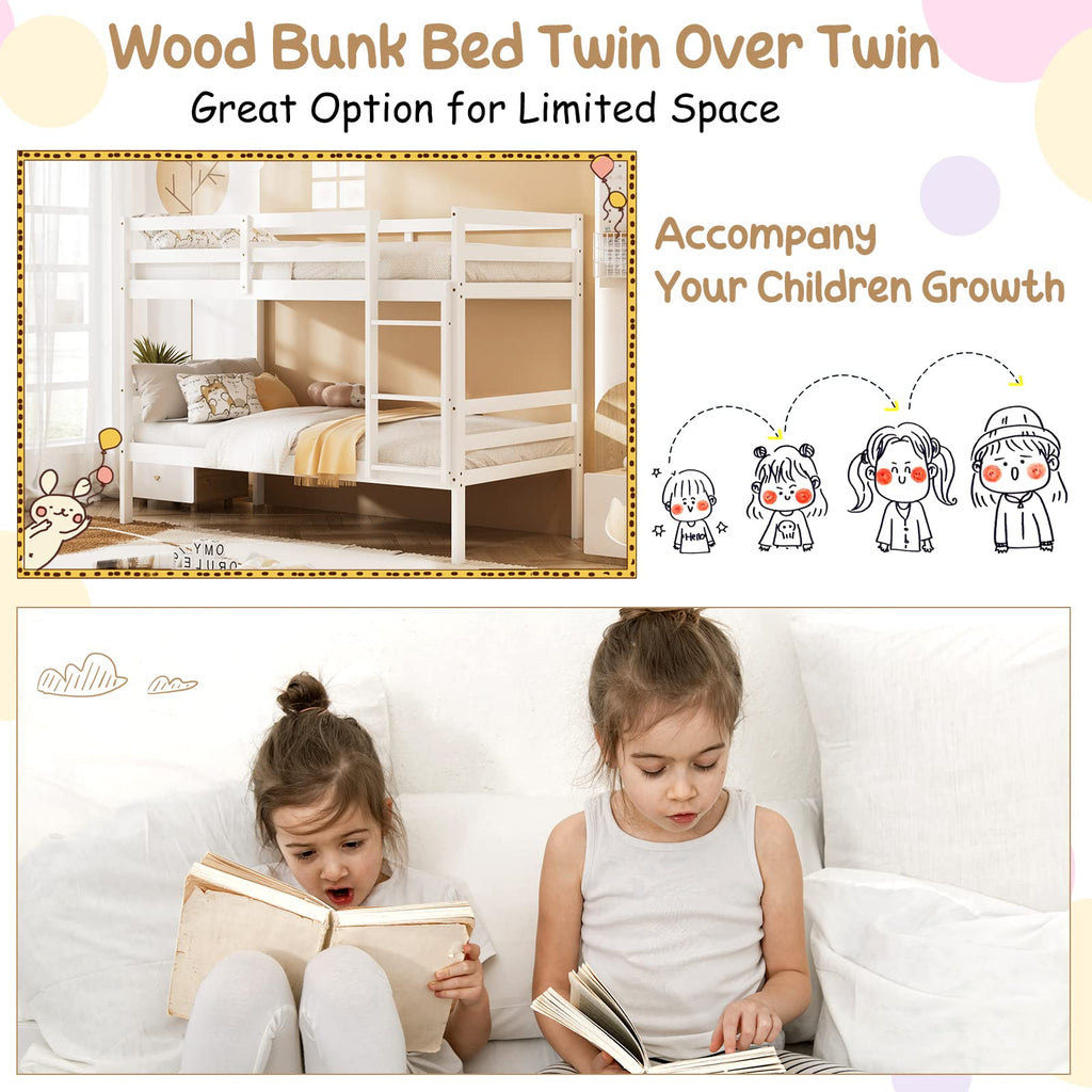 Wood Twin Over Twin Bunk Bed with Ladder & Safety Guardrail E614