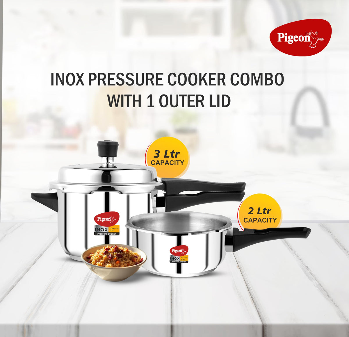 Stainless Steel Pressure Cooker Combo with Induction Base, Outer Lid 2 Liter and 3 Liter V7844
