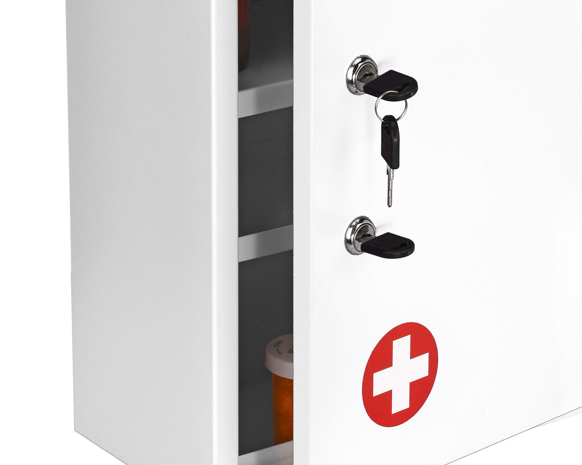 White Locking Metal Wall Mounted Medication Cabinet with Document Pocket F866