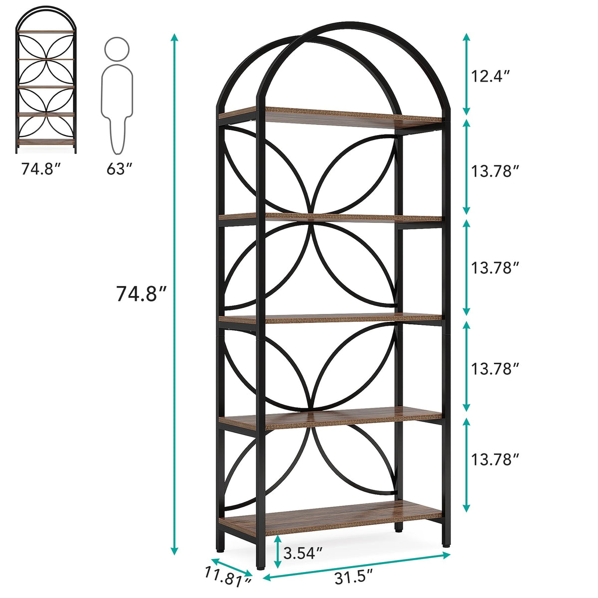 75 Inch Tall Arched 5-Tier Bookshelf H491968