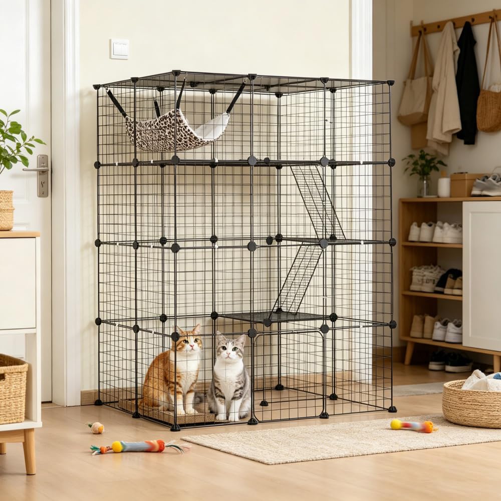 4-Tier Metal Wire Cat Cage with Hammock, Platforms & Ramps, Black U7257