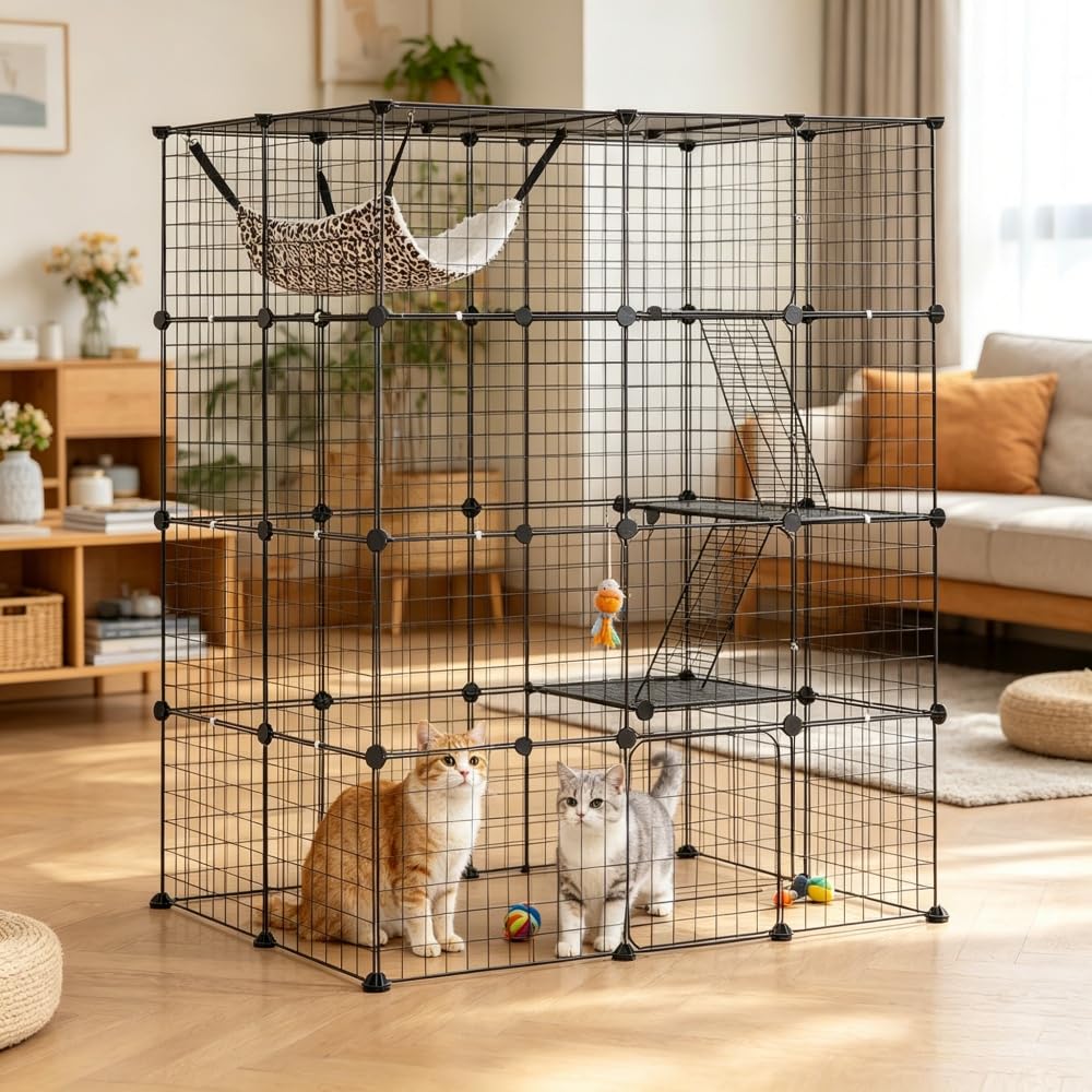 4-Tier Metal Wire Cat Cage with Hammock, Platforms & Ramps, Black U7257