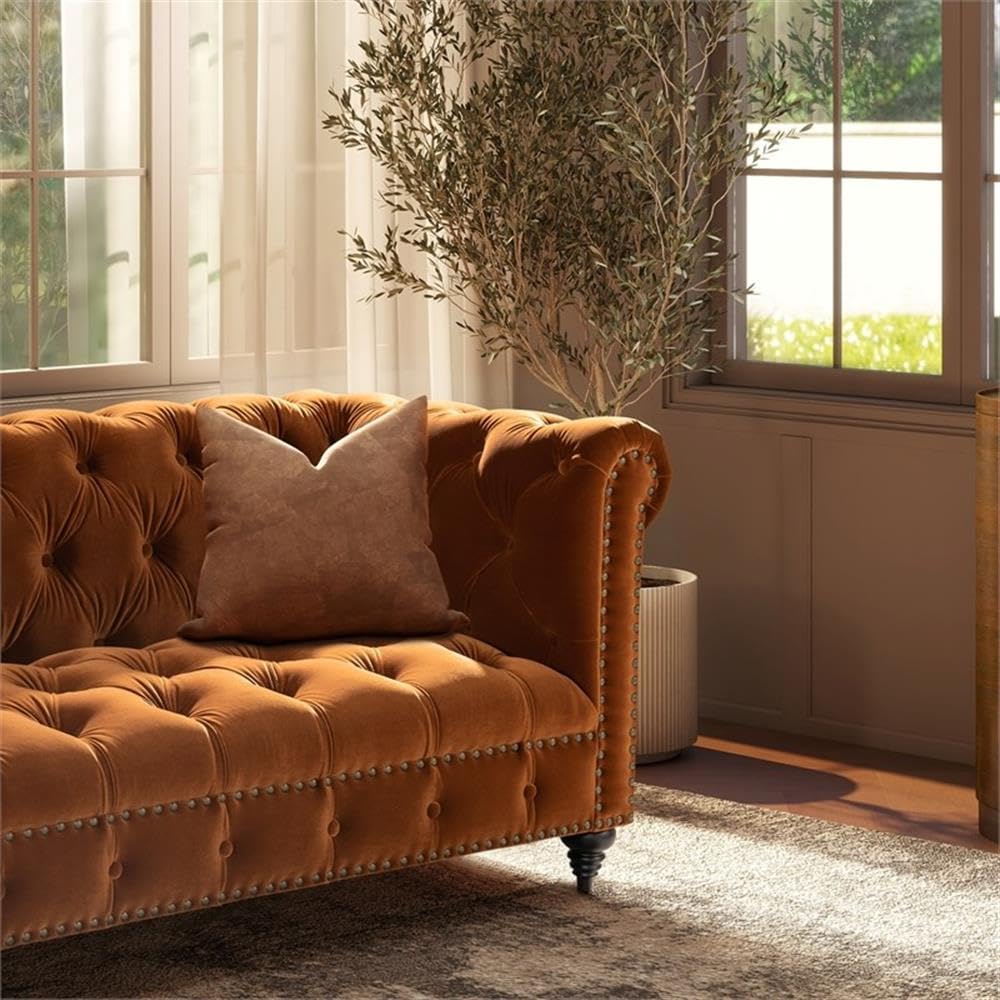 Burnt Orange Velvet Tufted Chesterfield Sofa J208