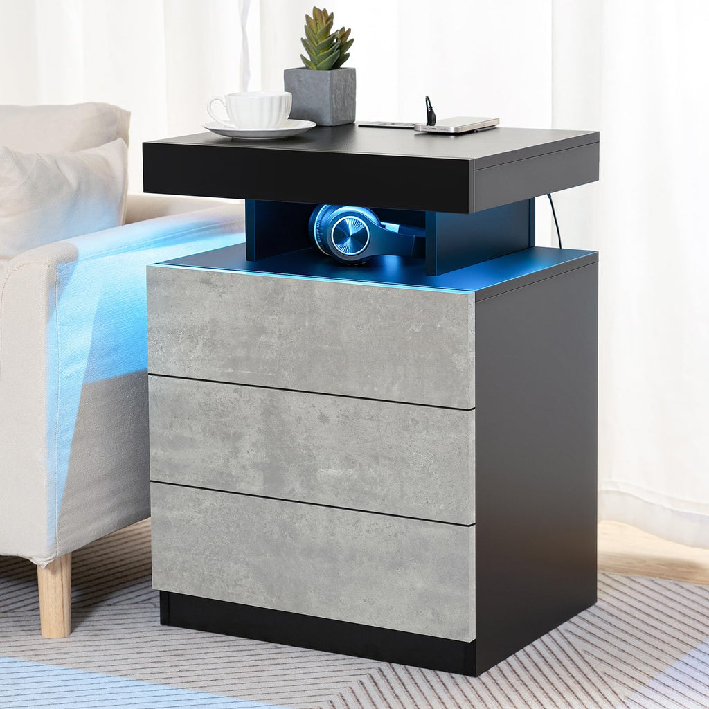 LED Nightstand with Wireless Charging Station & USB Ports, 3 Drawer High Gloss Gray F725