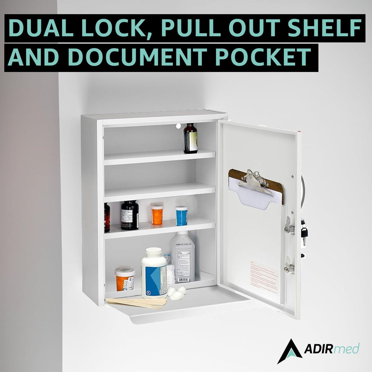 White Locking Metal Wall Mounted Medication Cabinet with Document Pocket F866