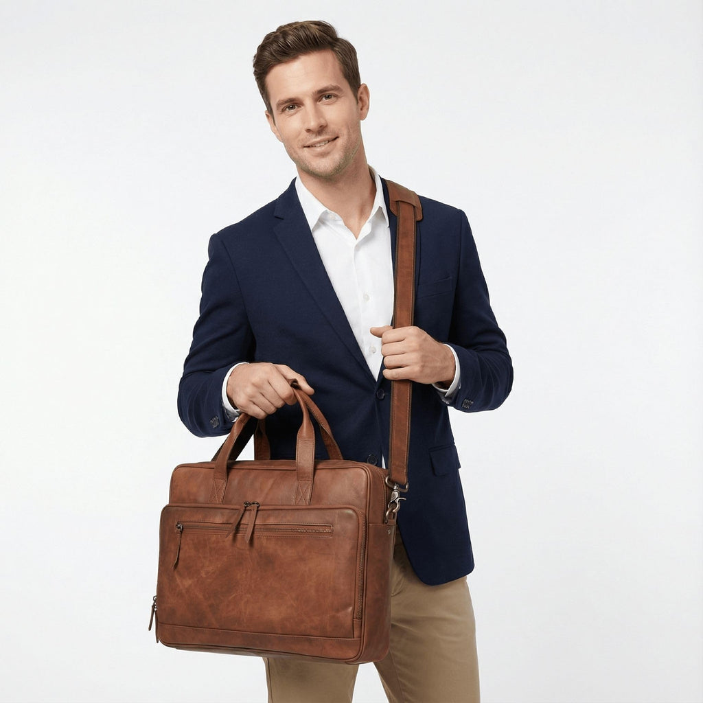 Brown 17-inch Genuine Leather Laptop Briefcase B392