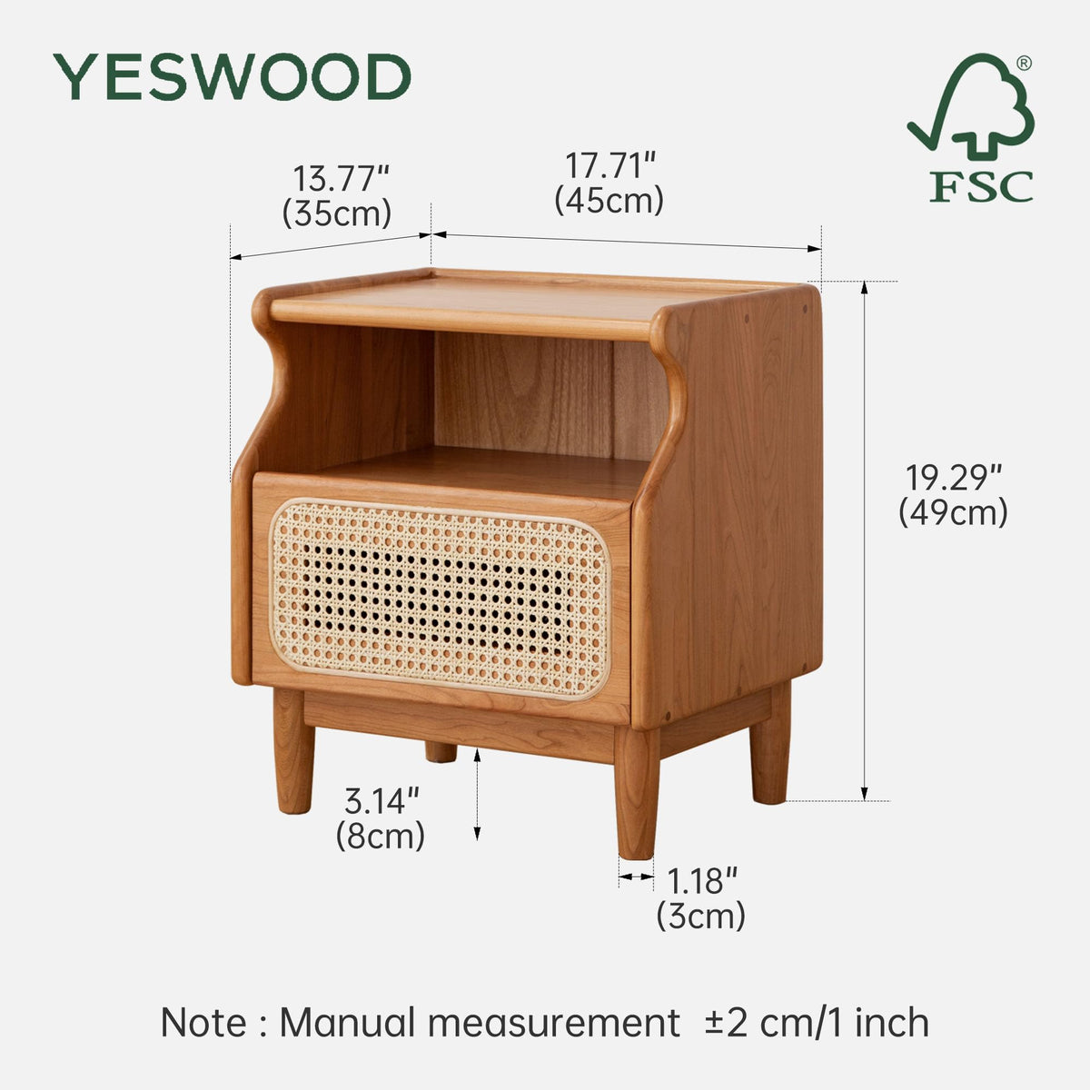 Cherry Wood Rattan Nightstand with Drawer N497677