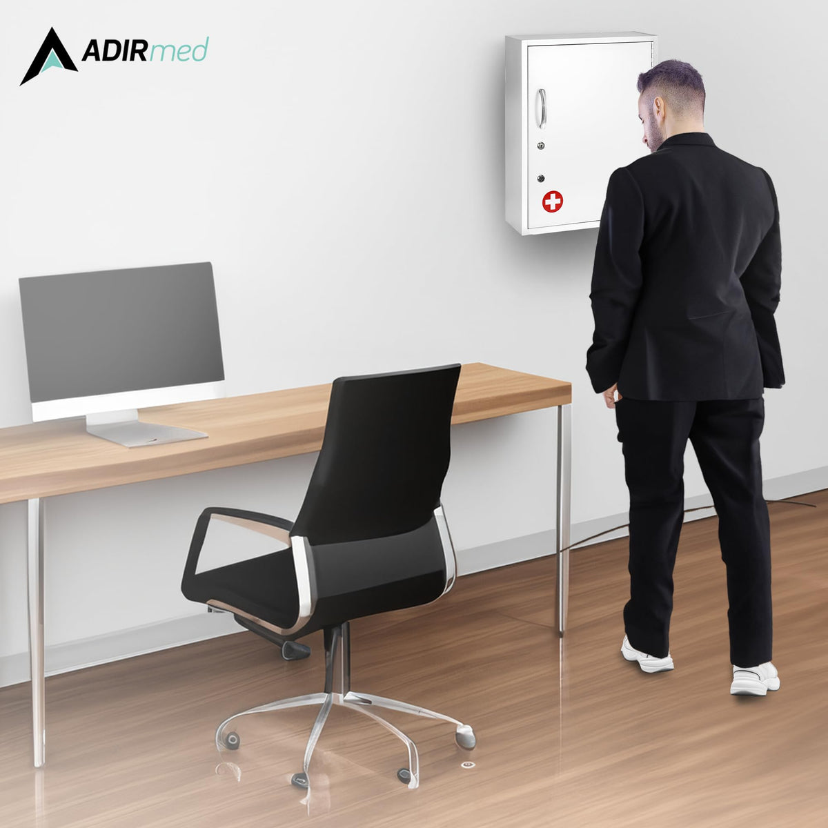 White Locking Metal Wall Mounted Medication Cabinet with Document Pocket F866