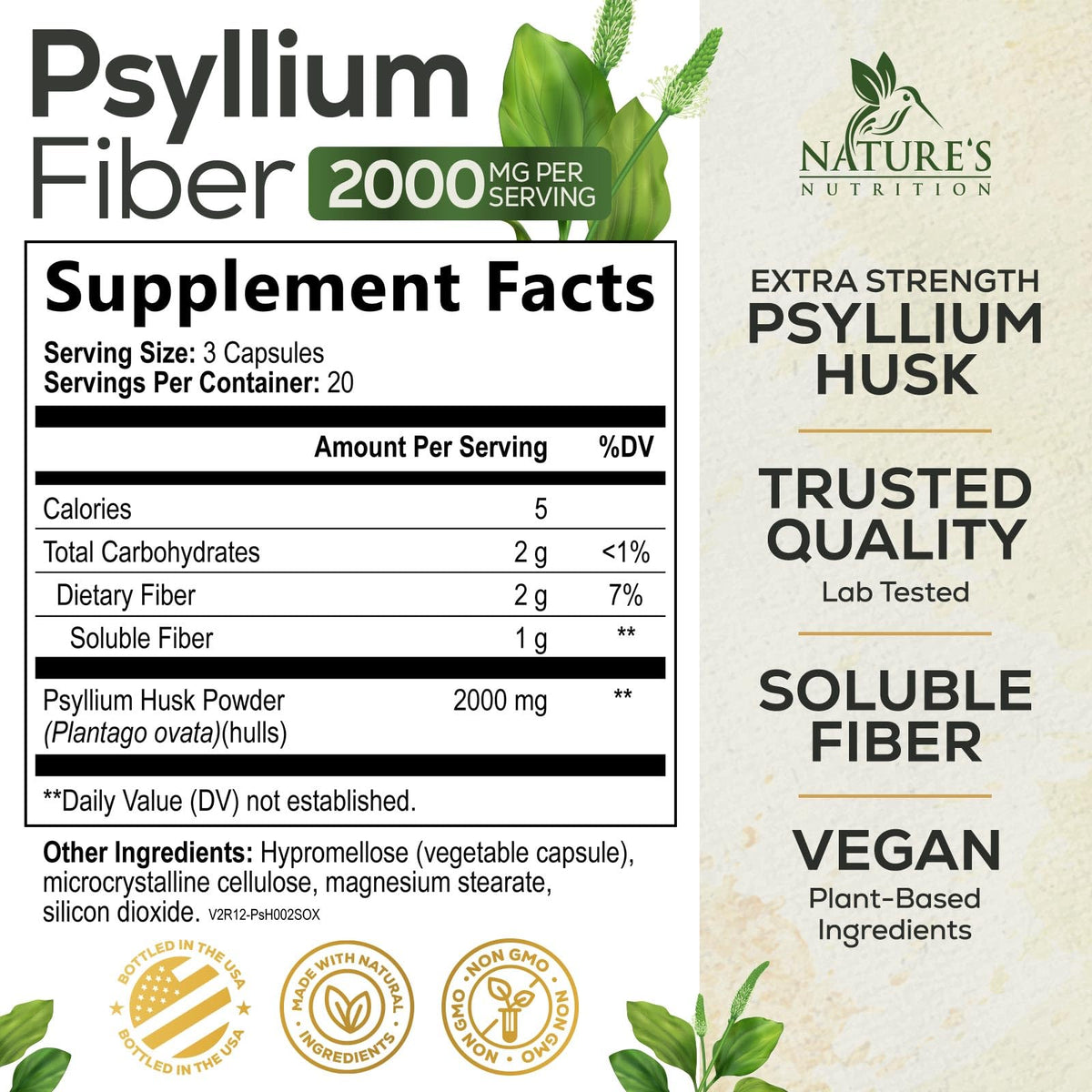 Psyllium Husk Powder 2000mg Fiber Supplement 60 Capsules Q978735