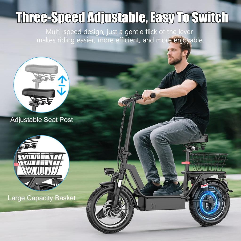 Electric Scooter with Seat, 25 MPH, 350W Motor, 15.5 Miles Range, 48V Battery, 14" Foldable O39349