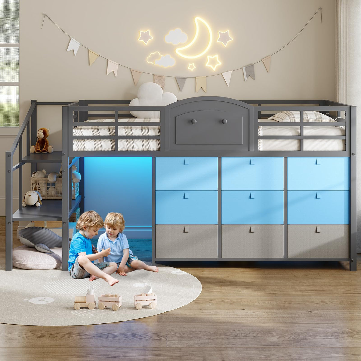 Twin Size Low Loft Bed with 9 Storage Drawers and LED Lights E858009