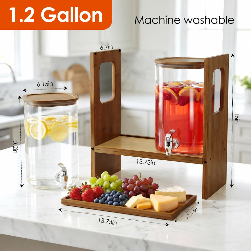2 PCS 1.2 Gallon Glass Drink Dispenser with Stand and Serving Tray R8411