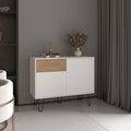 39" Wide White & Oak Console Table with 2 Cabinets, 1 Drawer, 4 Shelves Q705