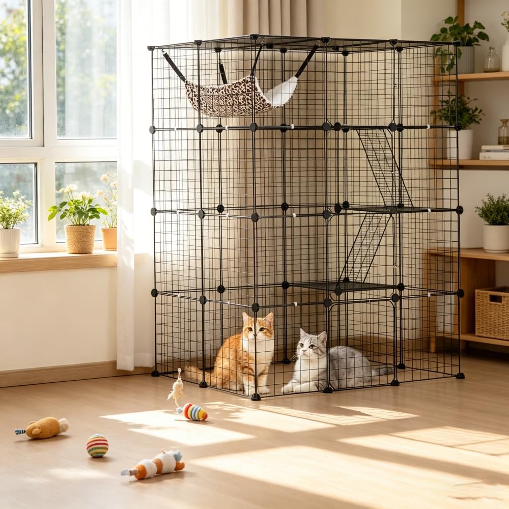 4-Tier Metal Wire Cat Cage with Hammock, Platforms & Ramps, Black U7257
