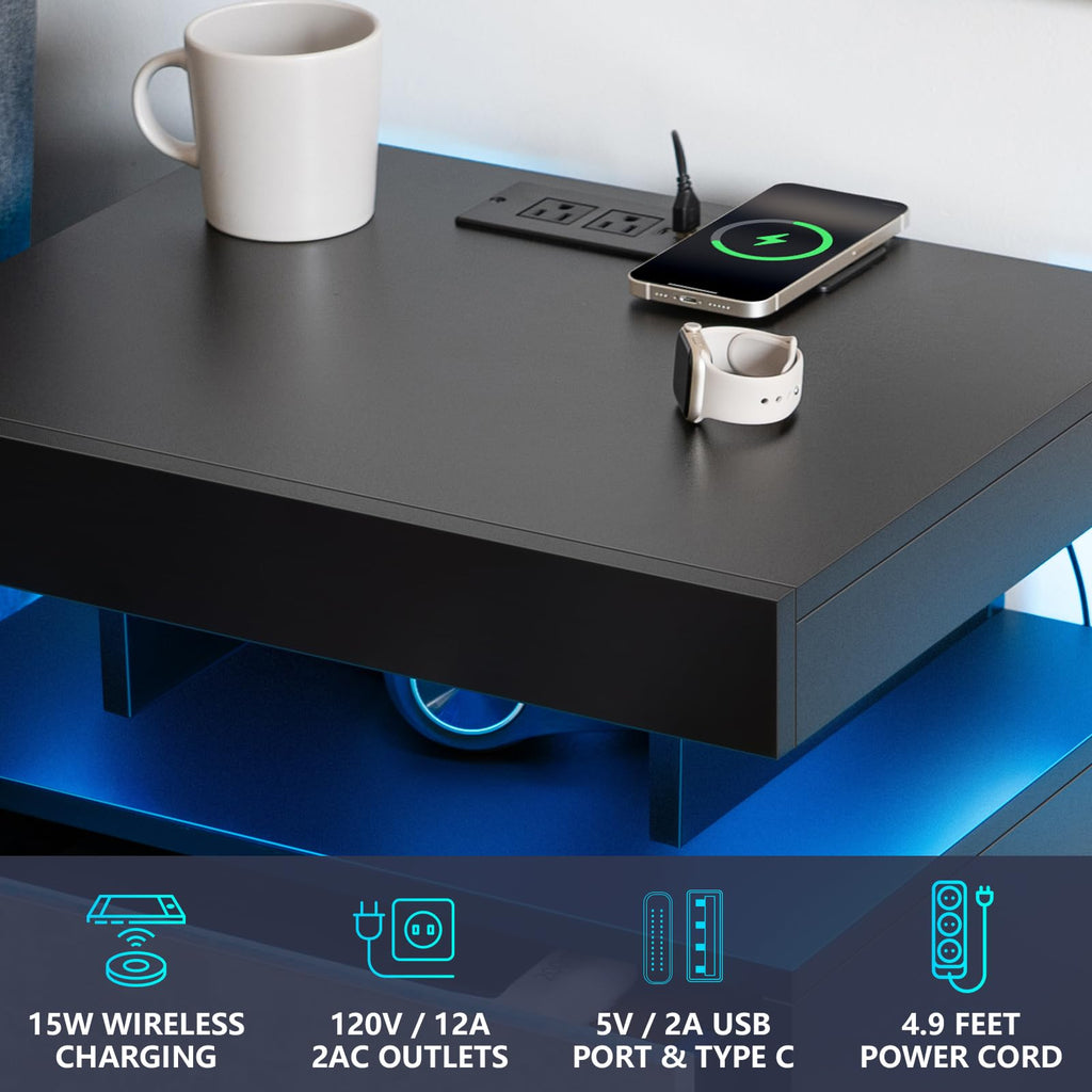 LED Nightstand with Wireless Charging Station & USB Ports, 3 Drawer High Gloss Gray F725