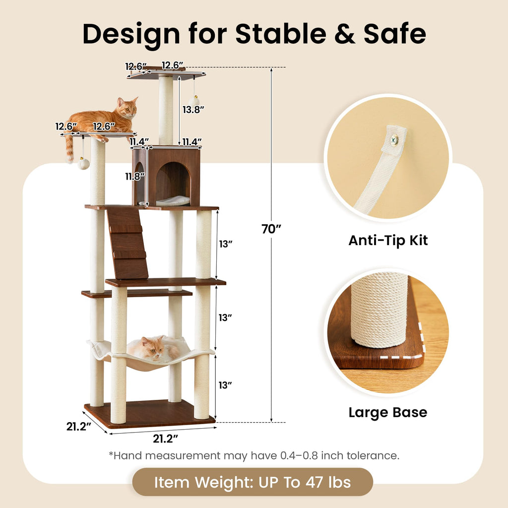 70 inch Tall Multi-Level Cat Tree with Scratching Posts, Perches, Hammock & Pad X555619