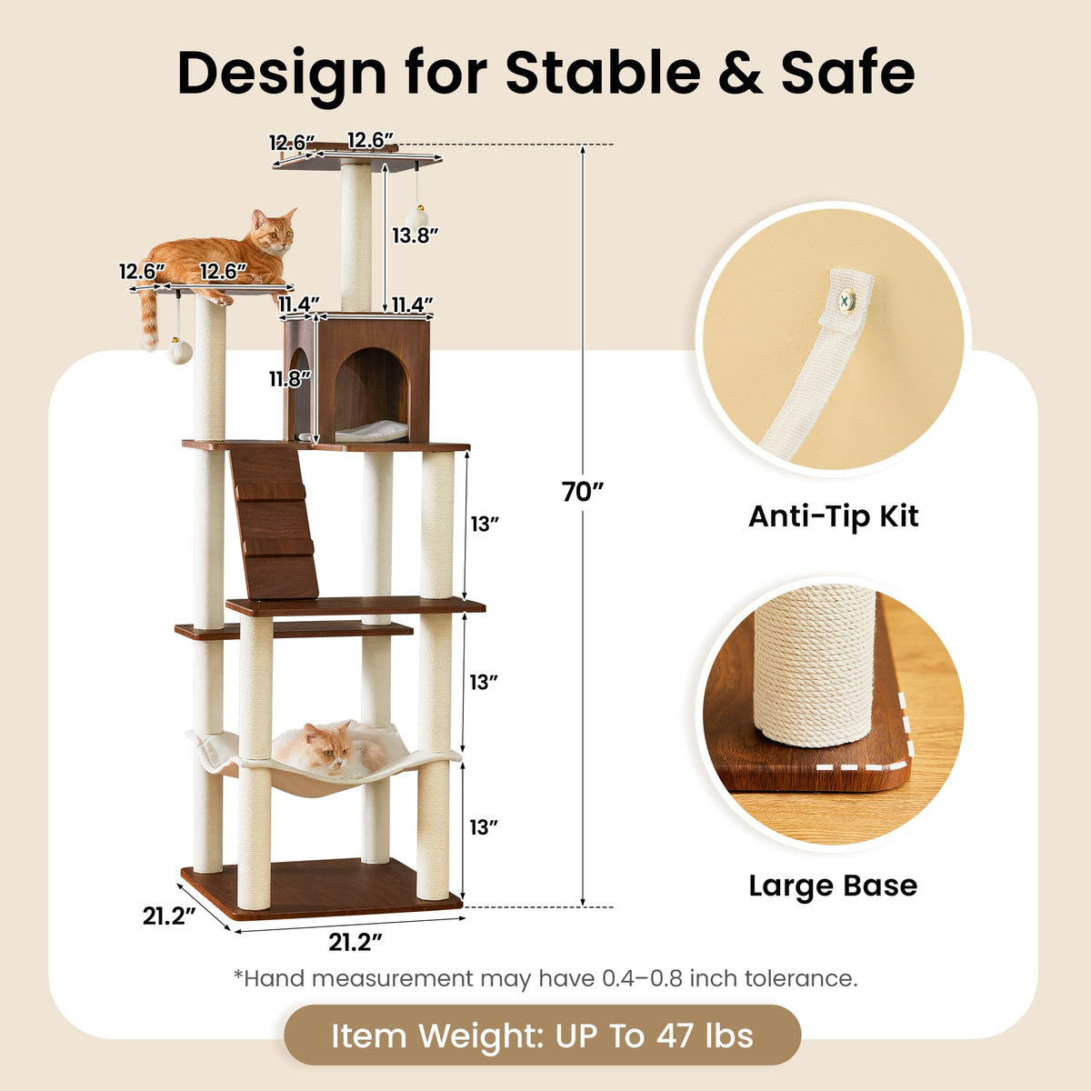 70 inch Tall Multi-Level Cat Tree with Scratching Posts, Perches, Hammock & Pad X555619