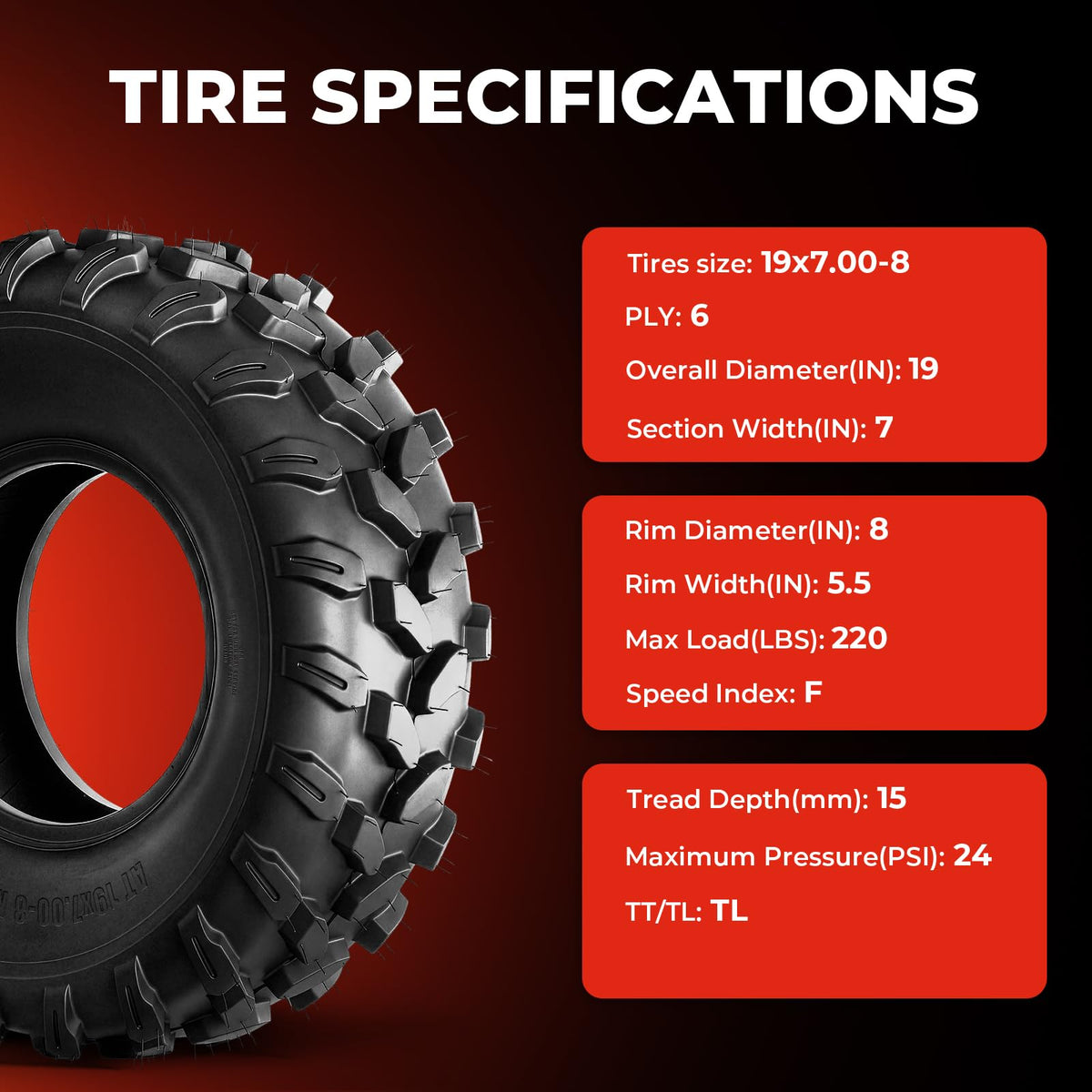 Set of 2 19x7-8 6 Ply Tubeless ATV Tires L241530