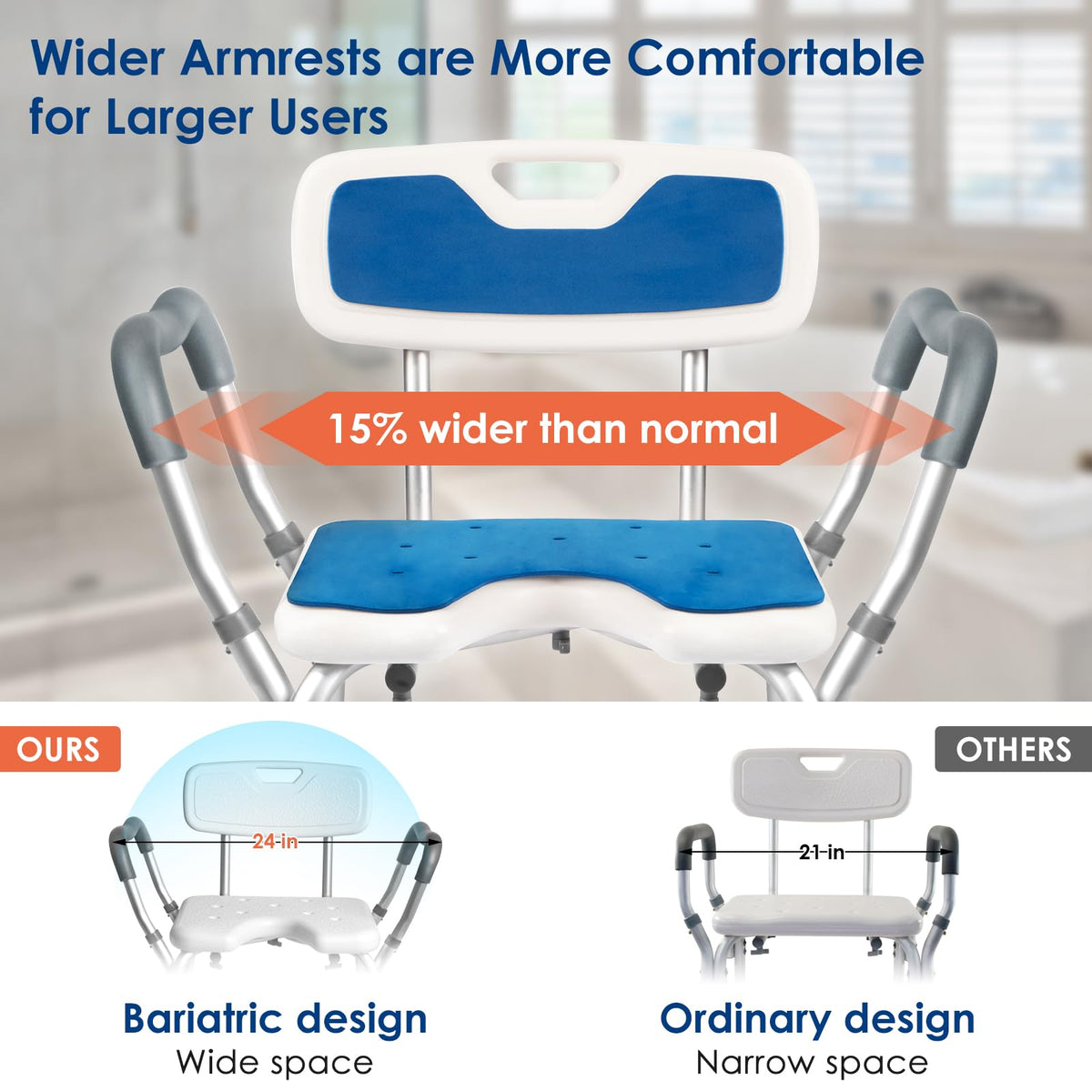 Extra Wide Padded Armrests Shower Chair, 500lbs Capacity, Aluminum I2245