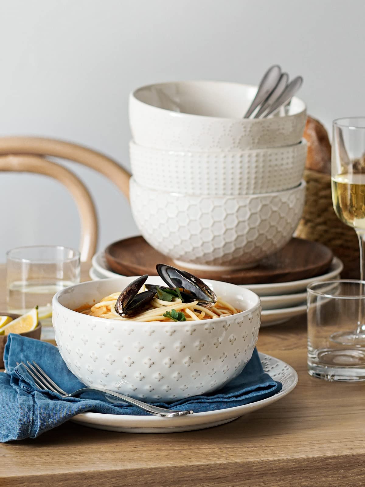Ceramic Soup Bowl Set, 42 OZ, 7 Inch, Set of 4, Arctic White P8588