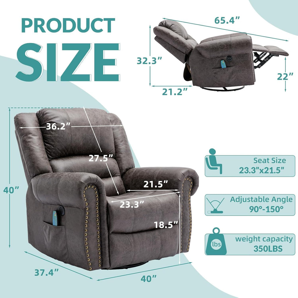 Oversized Swivel Rocker Recliner Chair with Heat and Massage P1370