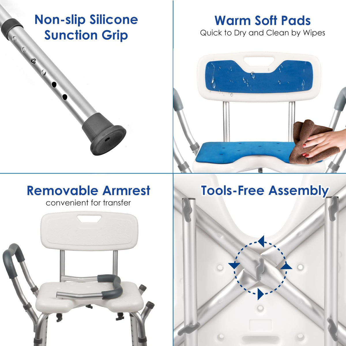 Extra Wide Padded Armrests Shower Chair, 500lbs Capacity, Aluminum I2245